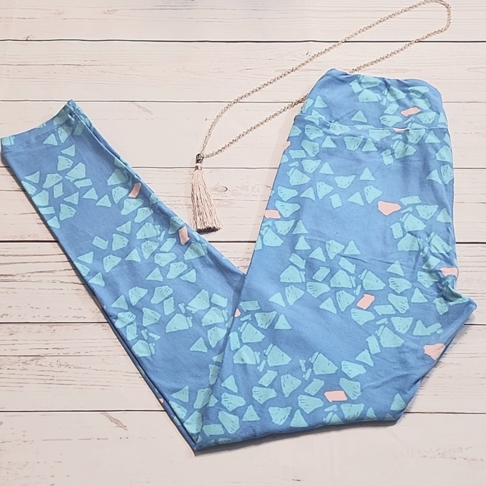 LuLaRoe light blue & dusty rose abstract Leggings - OS